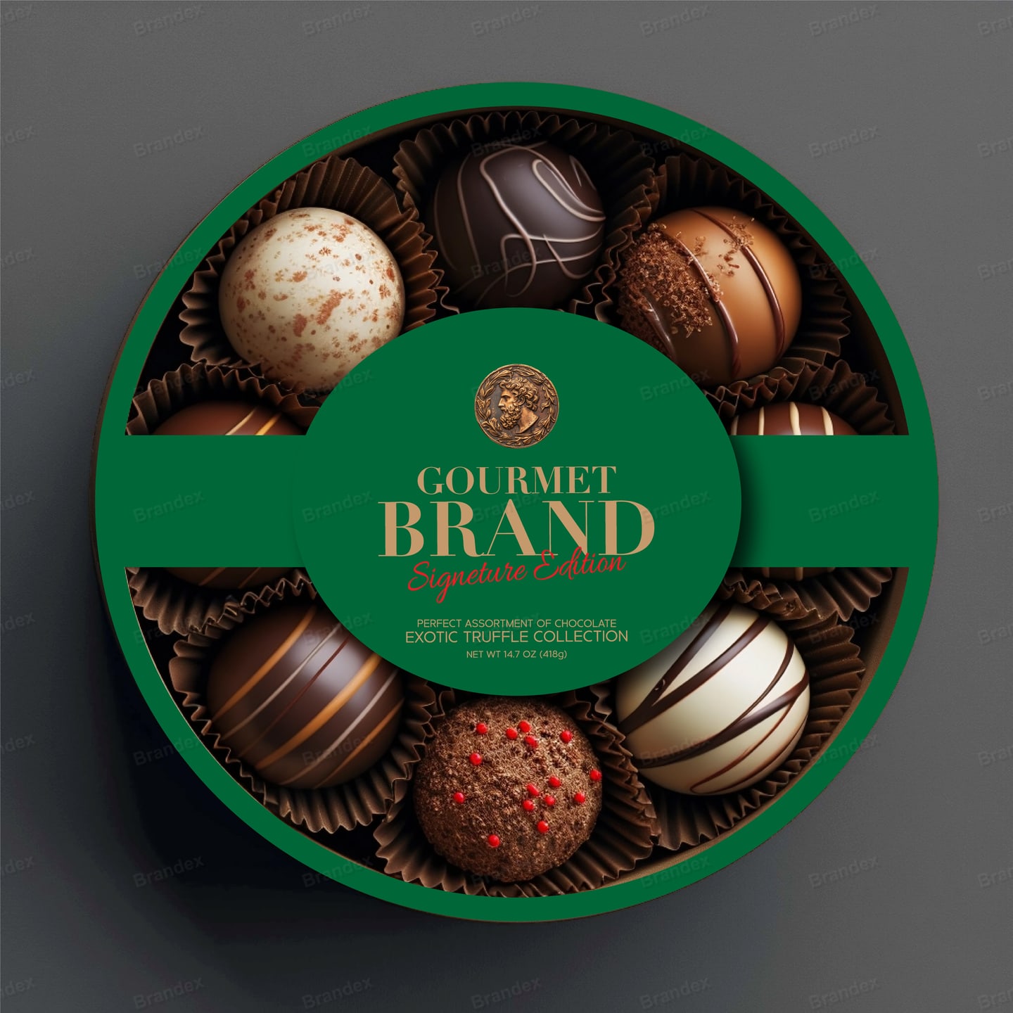 Emerald Round Assorted Chocolate Gift Box Packaging Template – Gold Luxury Branding