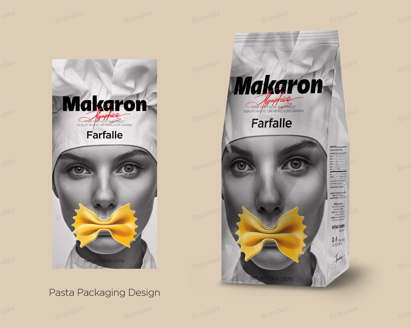 Gourmet Pasta Packaging Mockup with Chef Portrait and Farfalle