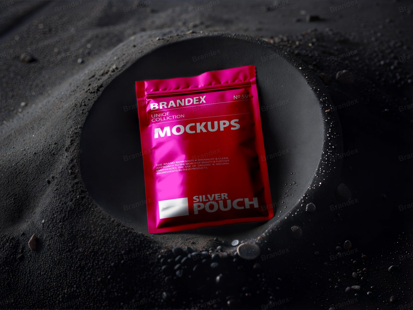 Vibrant Metallic Pink Foil Pouch Mockup in Dark Volcanic Sand Crater