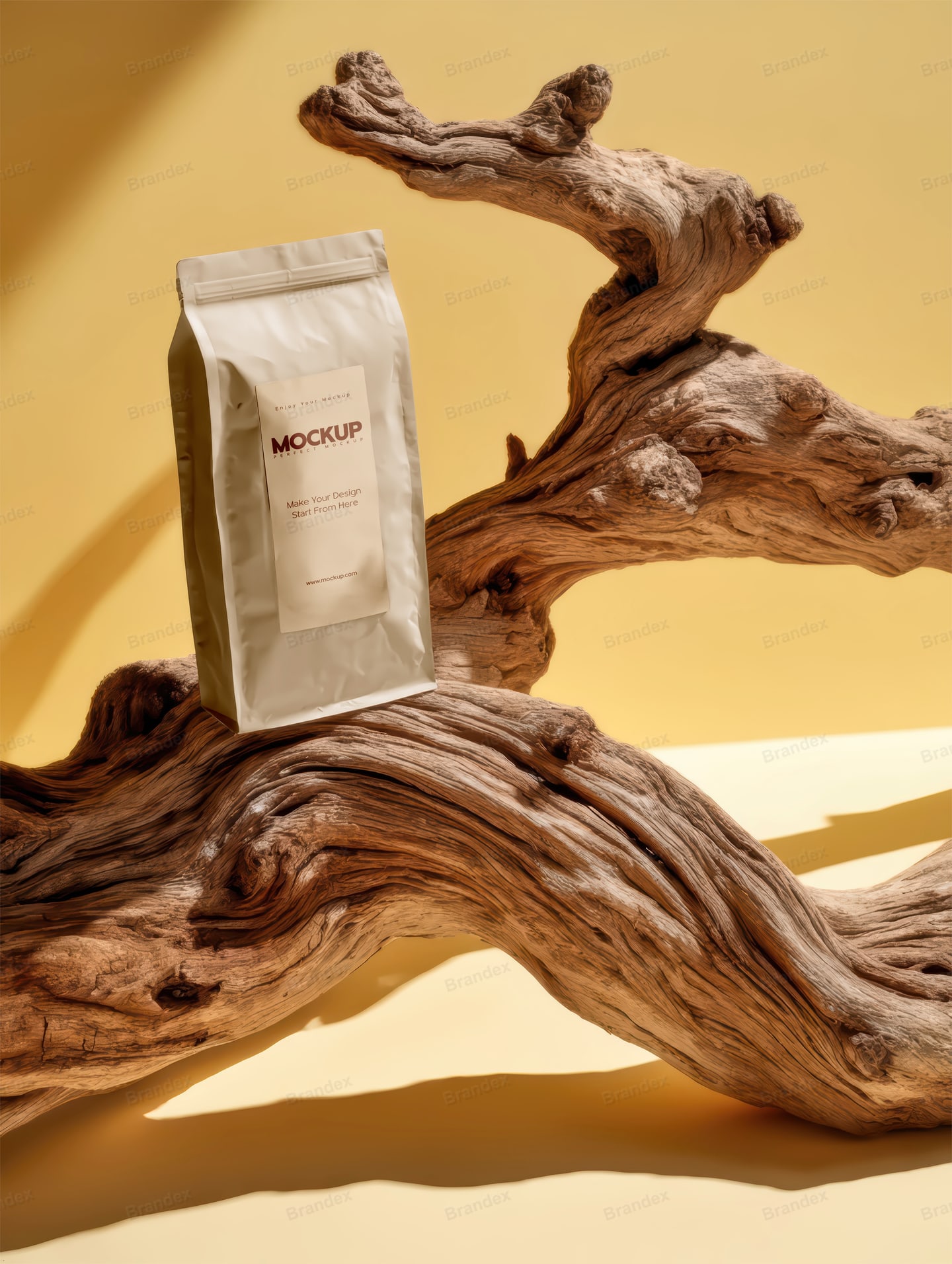 Kraft Coffee Bag Mockup with Driftwood and Yellow Backdrop Scene
