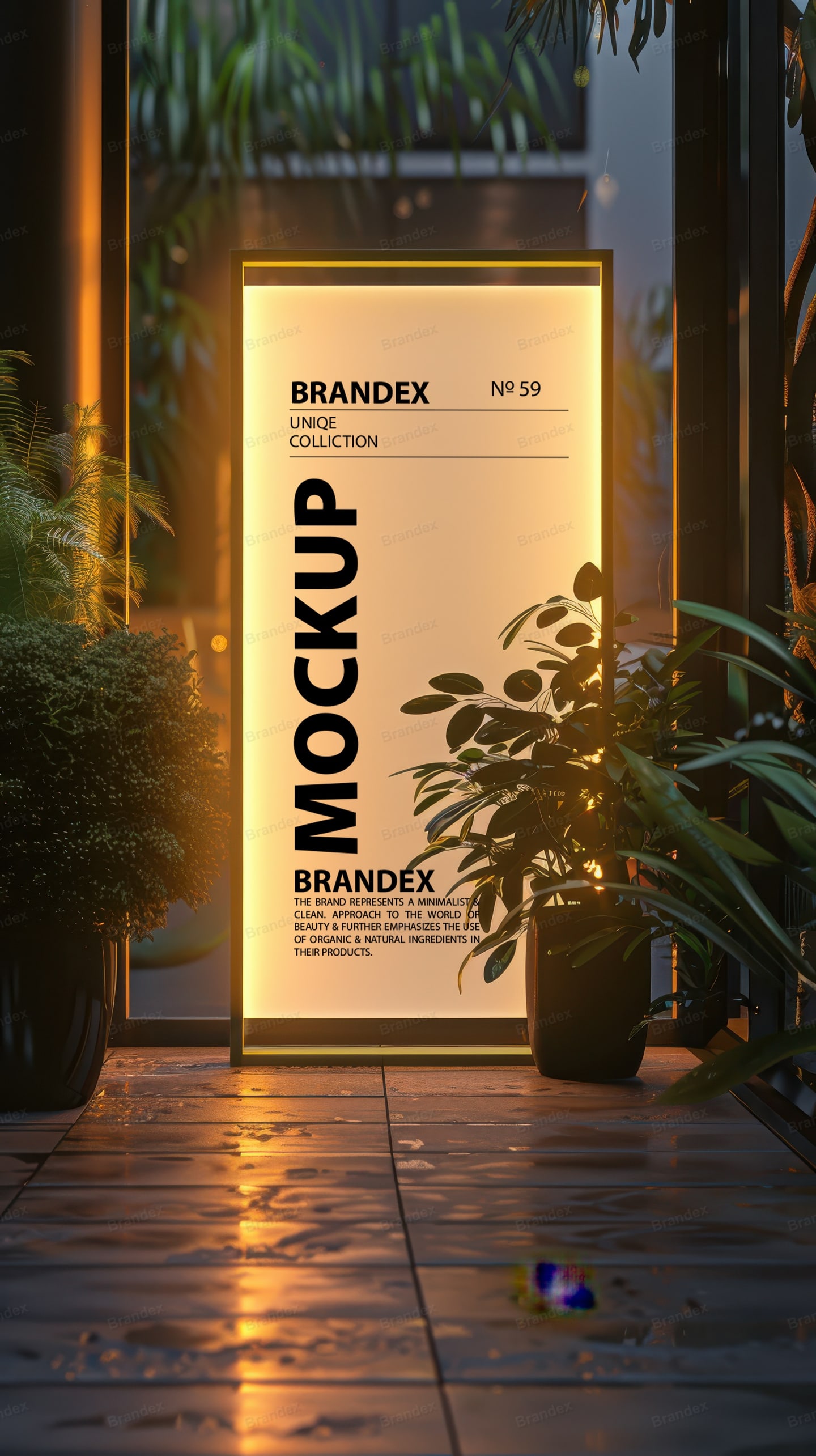 Indoor Illuminated Vertical Sign Mockup with Lush Plants