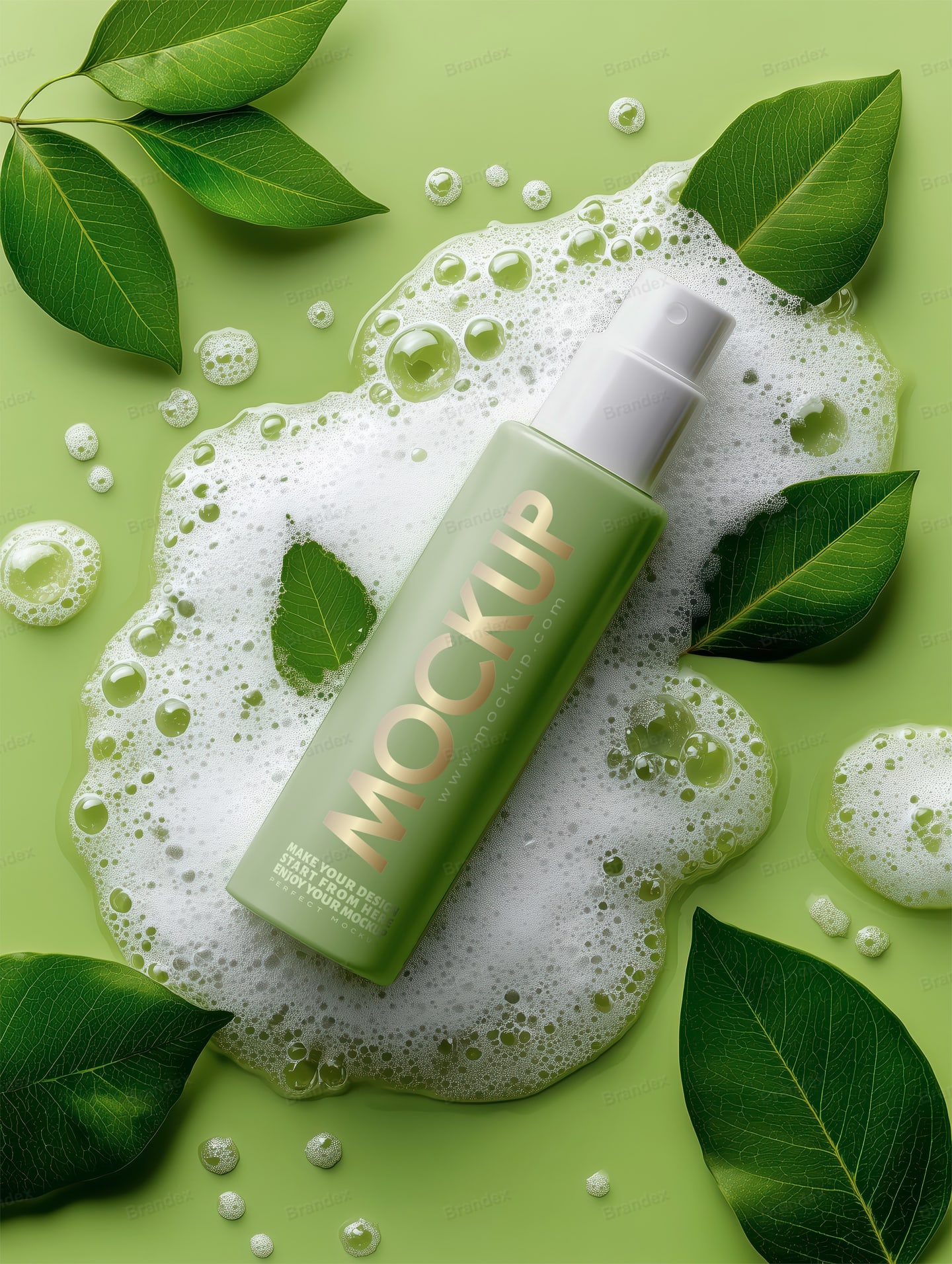 Green Cosmetic Product Spray Bottle Mockup with Leaf Shadows