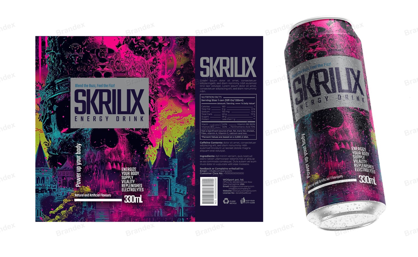 Skrilix Energy Drink 330ml Can Packaging - Neon Skull Graphic Mockup