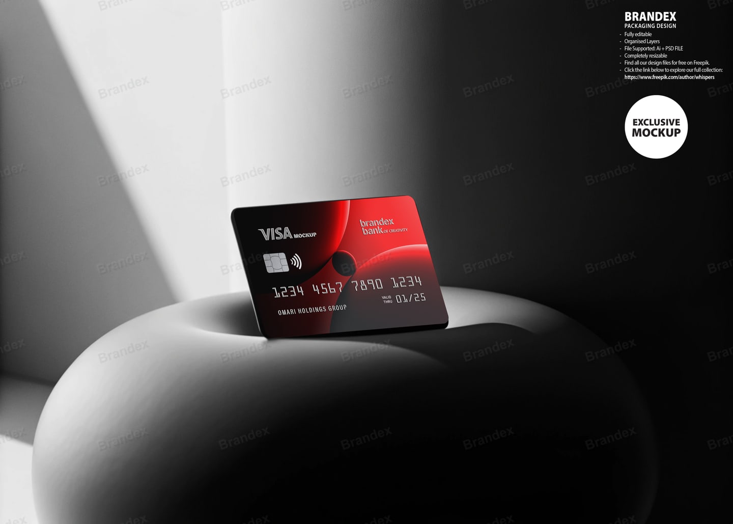 Modern Red and Black Credit Card Mockup on Sculptural Podium