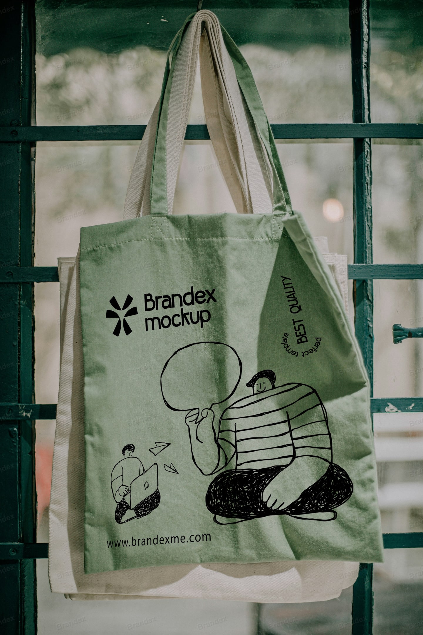 Light Green Canvas Tote Bag Mockup Hanging on Window Frame