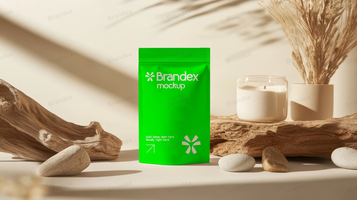 Vibrant Green Stand-Up Pouch Mockup in Natural Setting