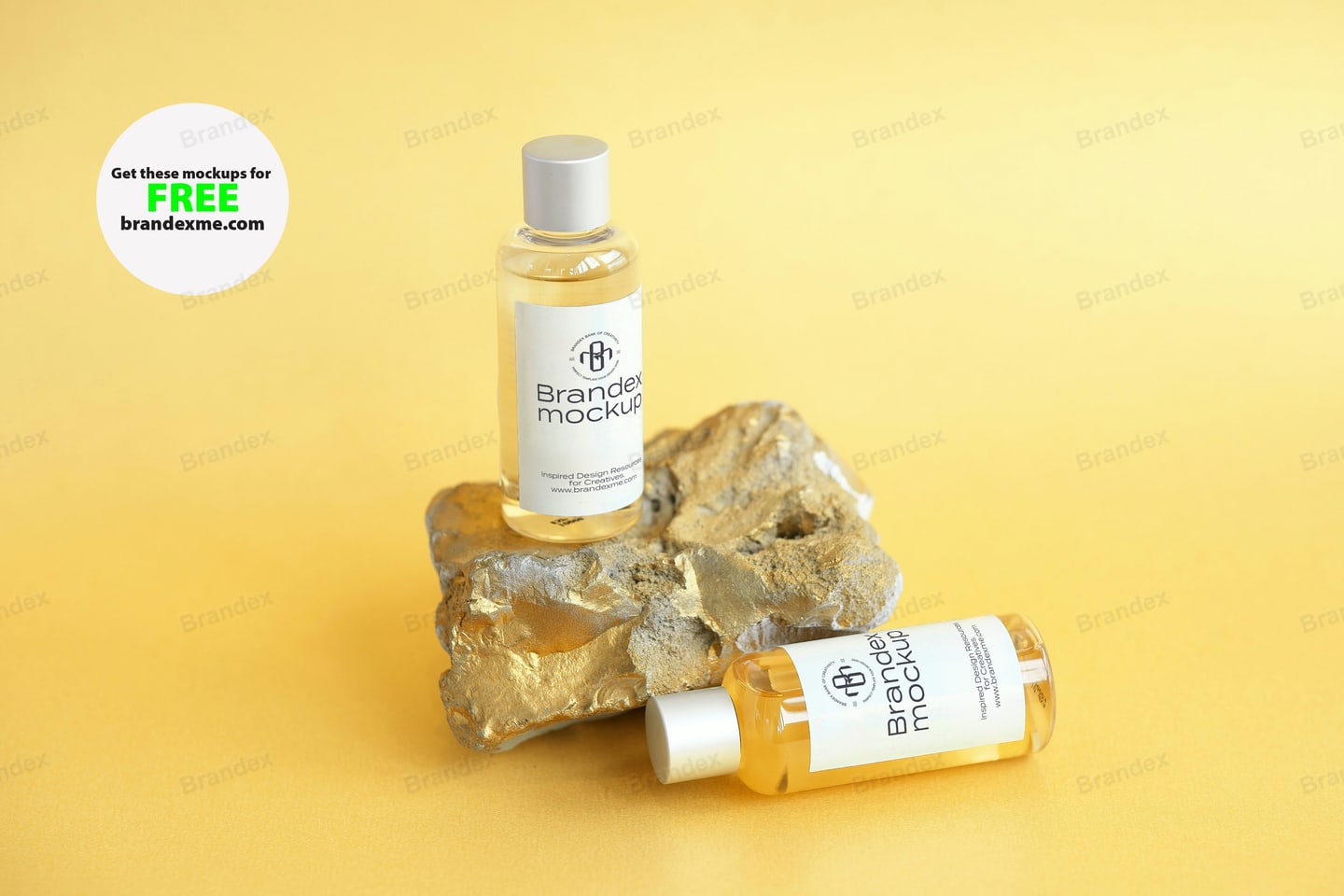 Amber Cosmetic Bottle Mockup on Golden Rock Background Elegant