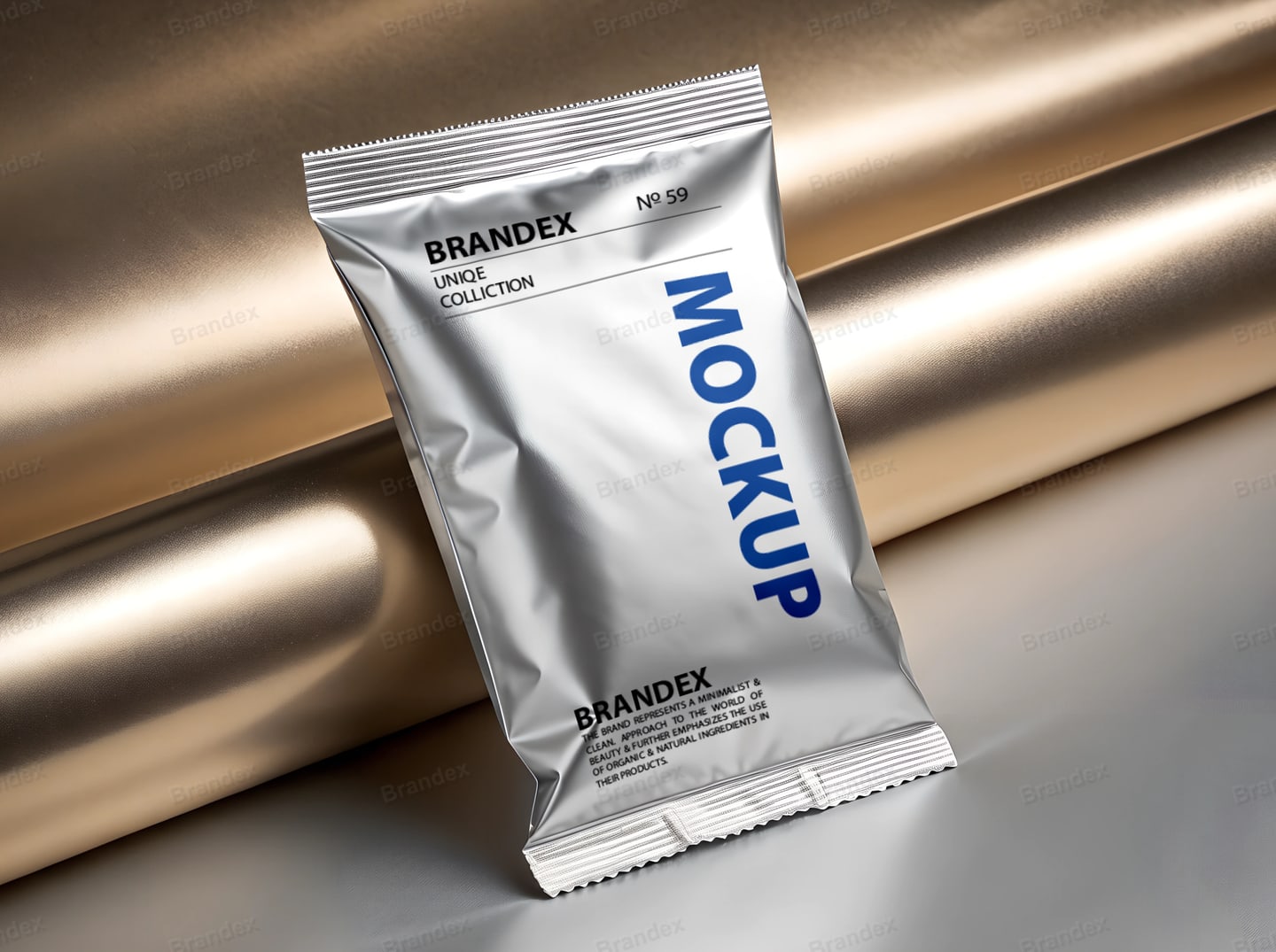 Metallic Silver Snack Foil Pouch Mockup on Champagne Gold Satin Surface