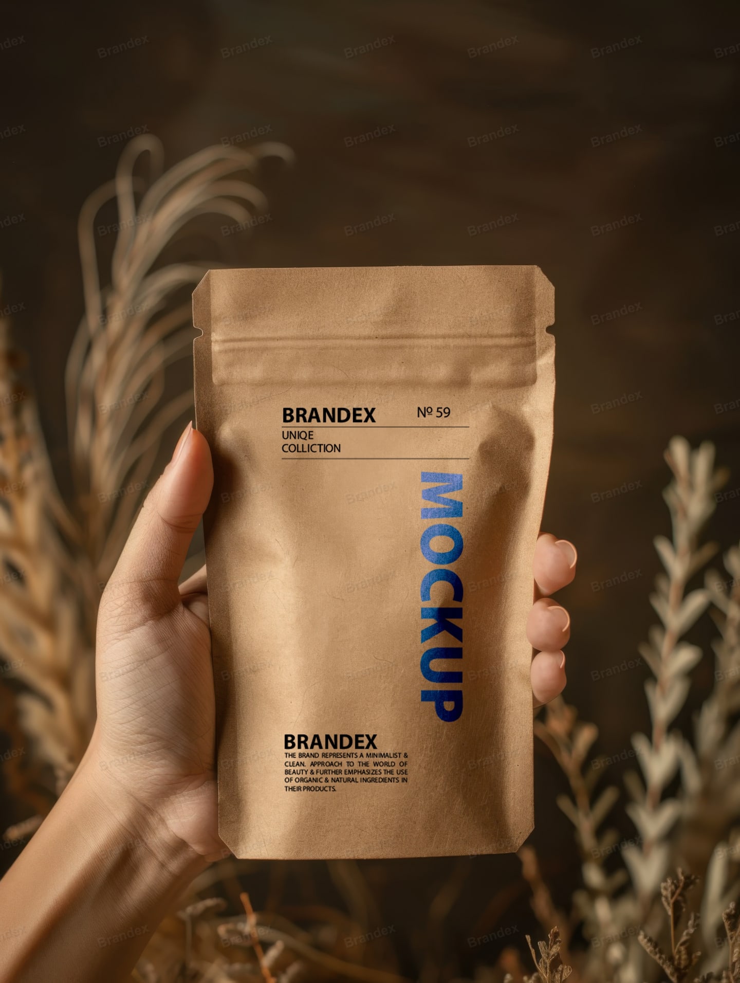Kraft Paper Stand-Up Pouch Mockup Held in Hand – Dried Floral Background