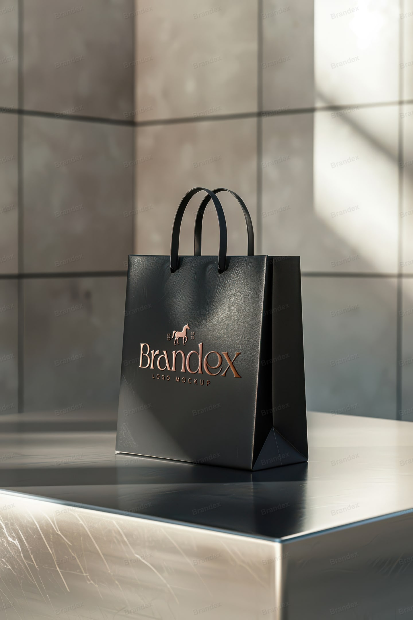 Luxury Matte Black Shopping Bag Mockup on Metallic Pedestal Studio