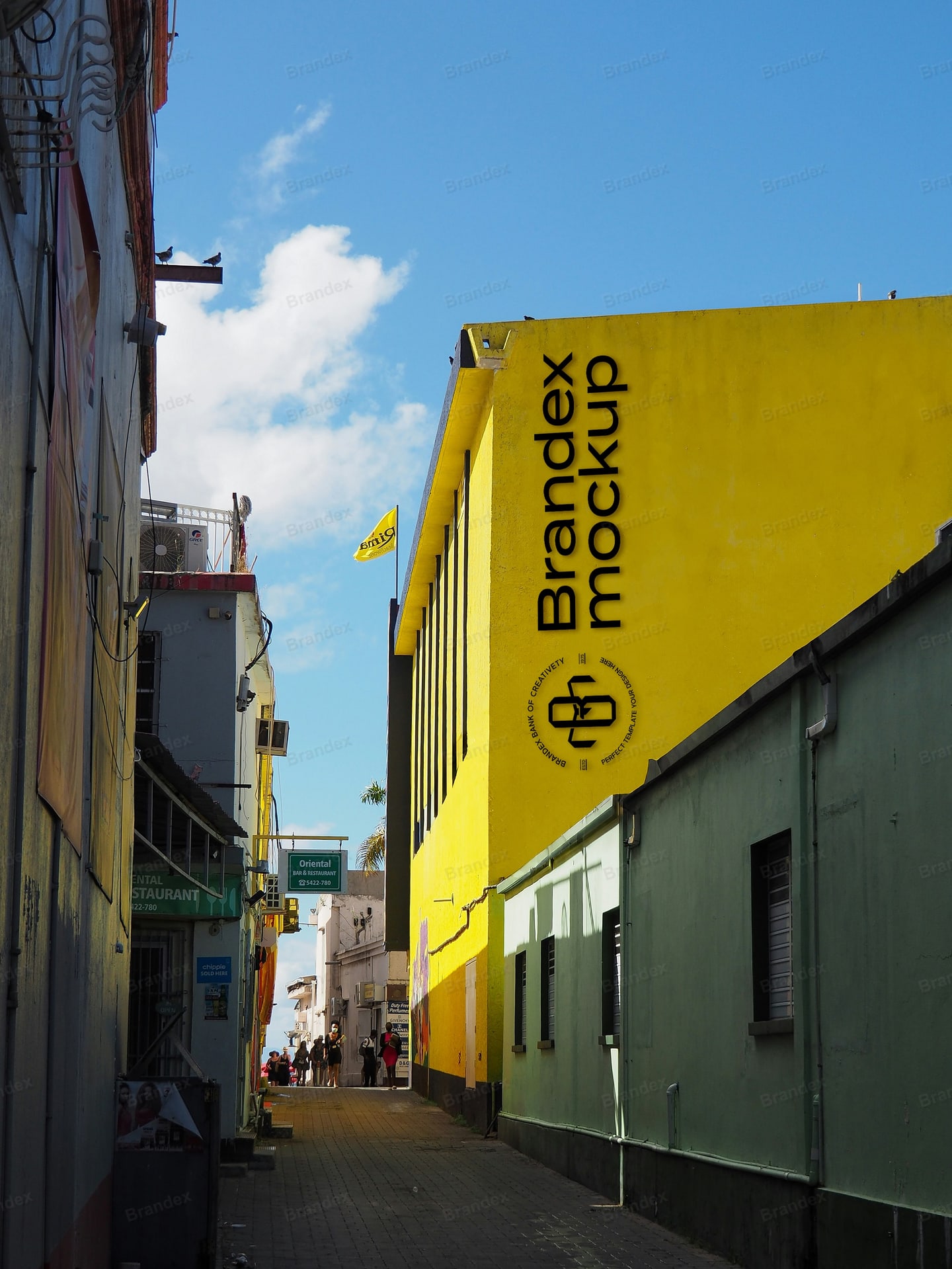 Urban Building Facade Branding Display Mockup Vibrant Yellow