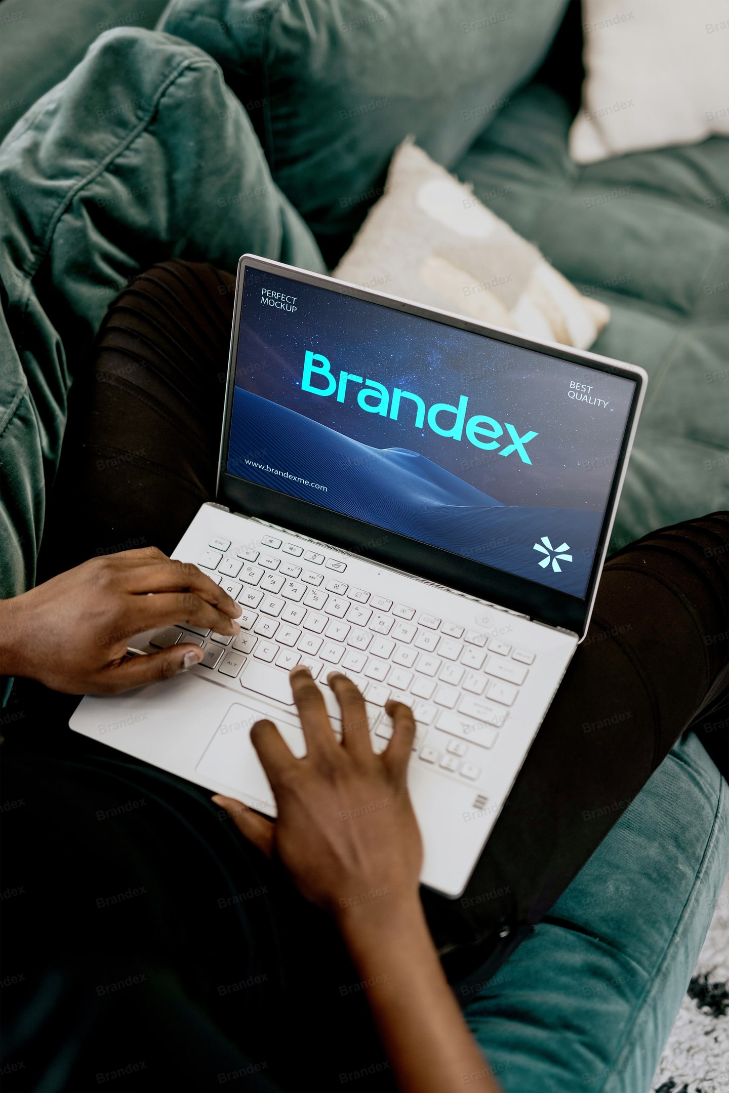 White Laptop Branding Screen Mockup Cozy Couch Scene